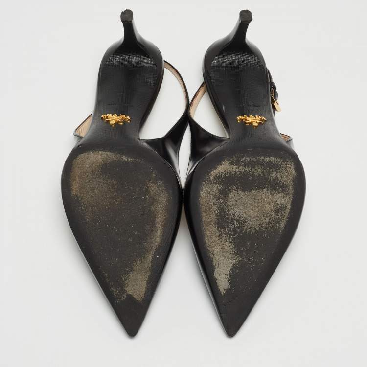 Pre Owned Prada Black Leather Pointed Toe Slingback Sandals Size 37