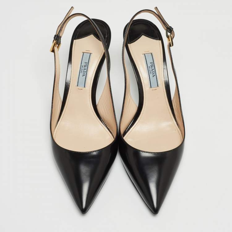 Pre Owned Prada Black Leather Pointed Toe Slingback Sandals Size 37