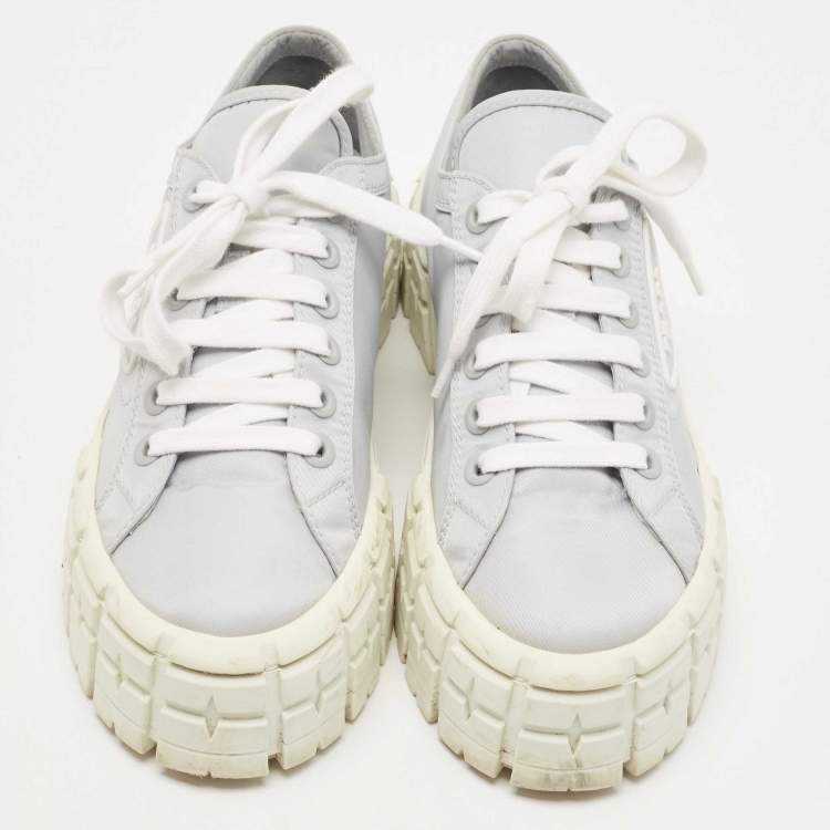 Pre Owned Prada Grey Nylon Double Wheel Lace Up Sneakers Size 40