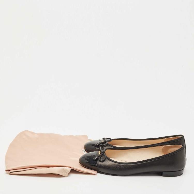 Pre Owned Prada Black Leather and Patent Cap Toe Bow Ballet Flats Size 37