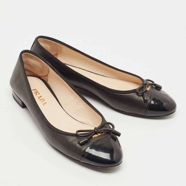 Pre Owned Prada Black Leather and Patent Cap Toe Bow Ballet Flats Size 37