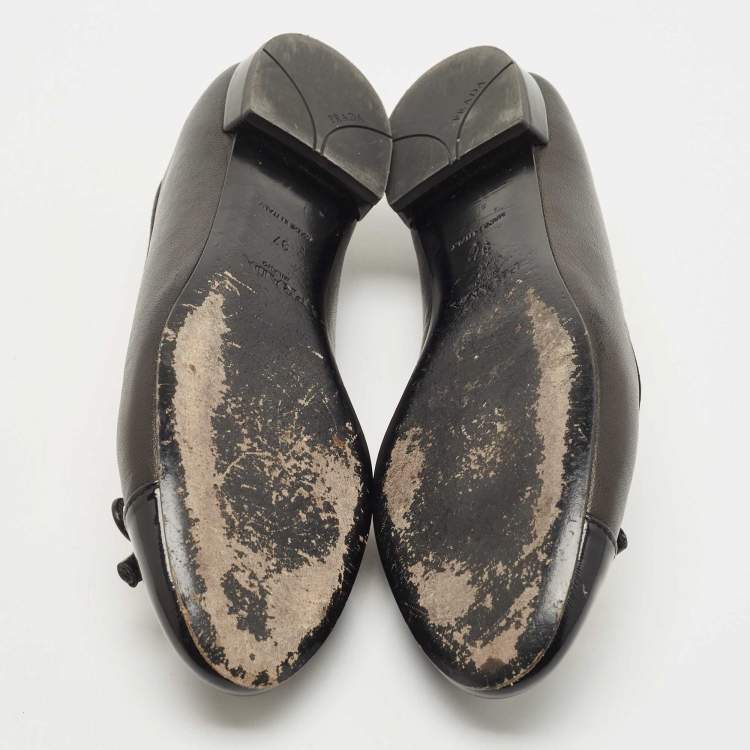 Pre Owned Prada Black Leather and Patent Cap Toe Bow Ballet Flats Size 37