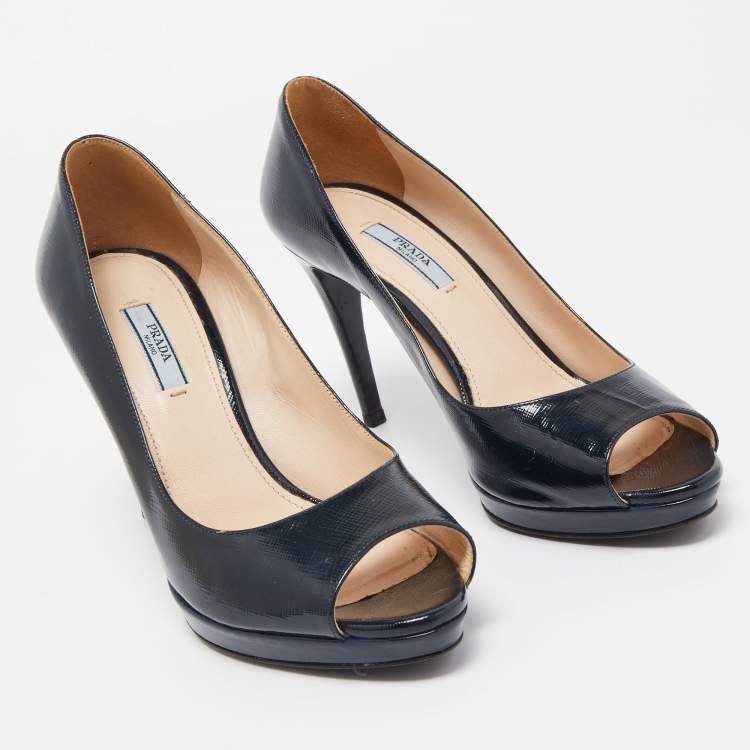 Pre Owned Prada Dark Blue Patent Leather Peep Toe Pumps Size 38