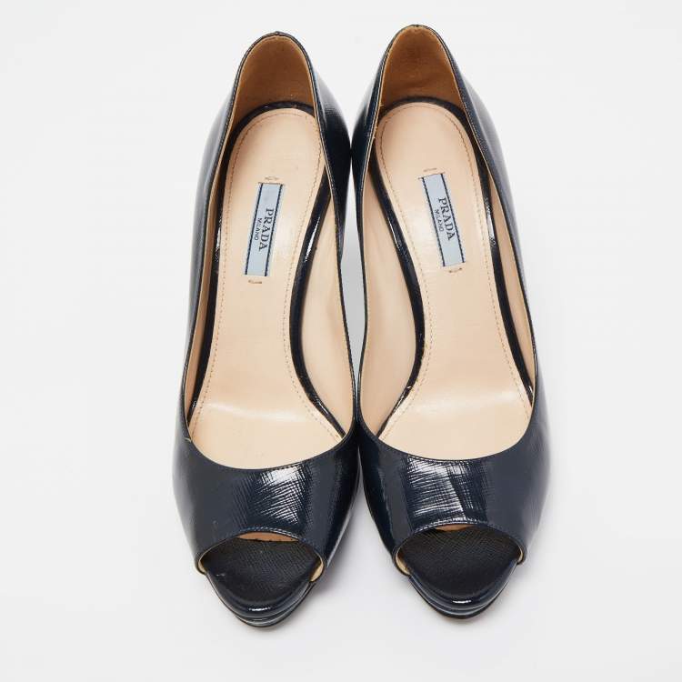 Pre Owned Prada Dark Blue Patent Leather Peep Toe Pumps Size 38