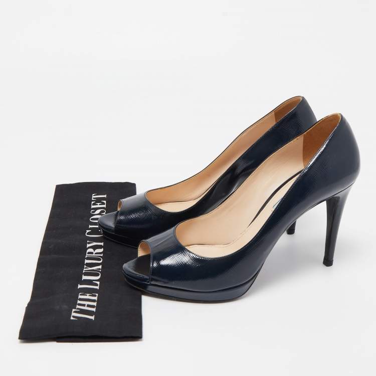Pre Owned Prada Dark Blue Patent Leather Peep Toe Pumps Size 38