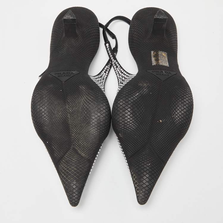 Pre Owned Prada Black Satin Crystal Embellished Pointed Toe Slingback Pumps 38