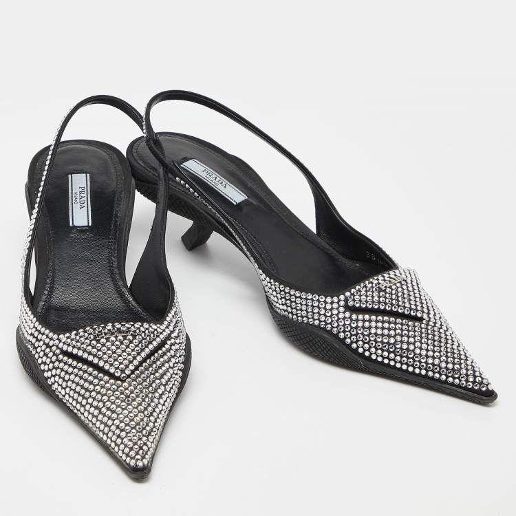 Pre Owned Prada Black Satin Crystal Embellished Pointed Toe Slingback Pumps 38
