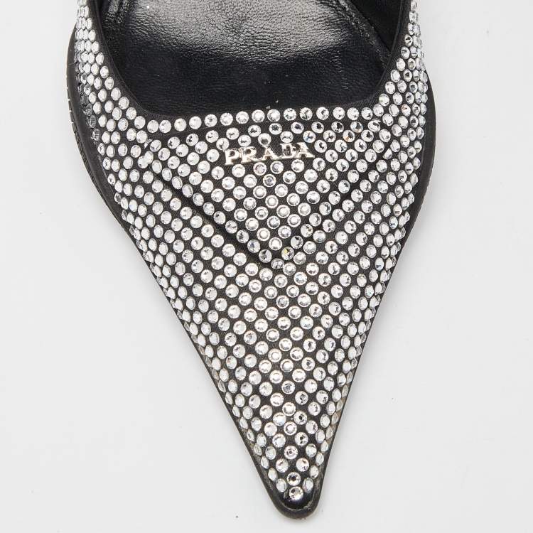 Pre Owned Prada Black Satin Crystal Embellished Pointed Toe Slingback Pumps 38