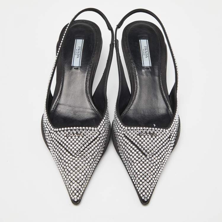 Pre Owned Prada Black Satin Crystal Embellished Pointed Toe Slingback Pumps 38