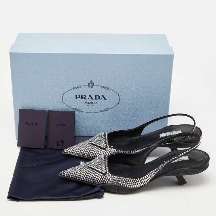 Pre Owned Prada Black Satin Crystal Embellished Pointed Toe Slingback Pumps 38