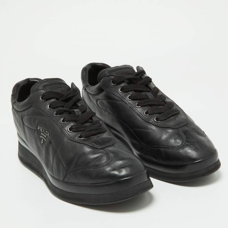 Pre Owned Prada Black Leather Low Top Sneakers Size 40.5