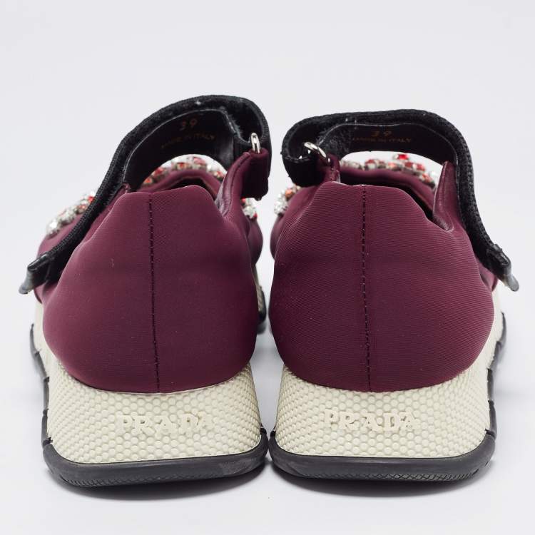 Pre Owned Prada Plum Neoprene Crystal Embellished Sneakers Size 39 