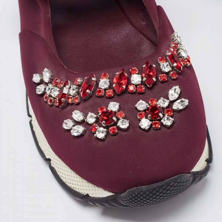 Pre Owned Prada Plum Neoprene Crystal Embellished Sneakers Size 39 