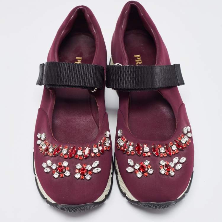 Pre Owned Prada Plum Neoprene Crystal Embellished Sneakers Size 39 