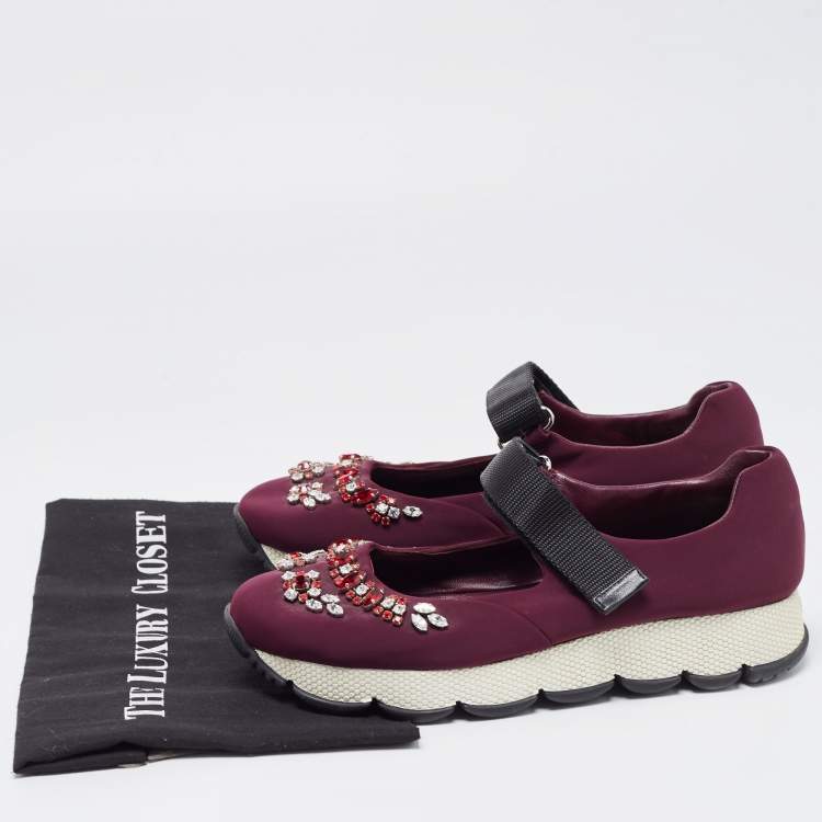 Pre Owned Prada Plum Neoprene Crystal Embellished Sneakers Size 39 