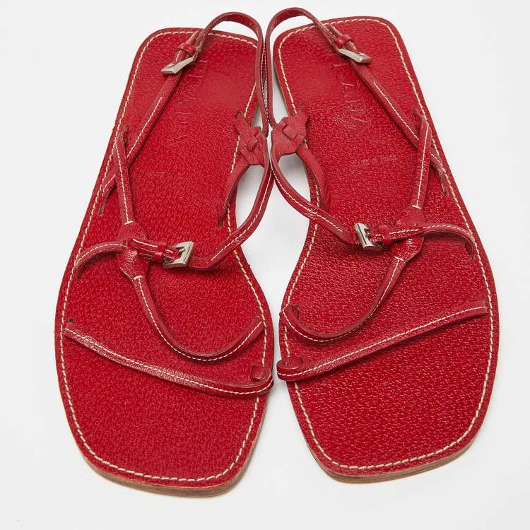 Pre Owned Prada Red Leather Strappy Flat Sandals Size 39