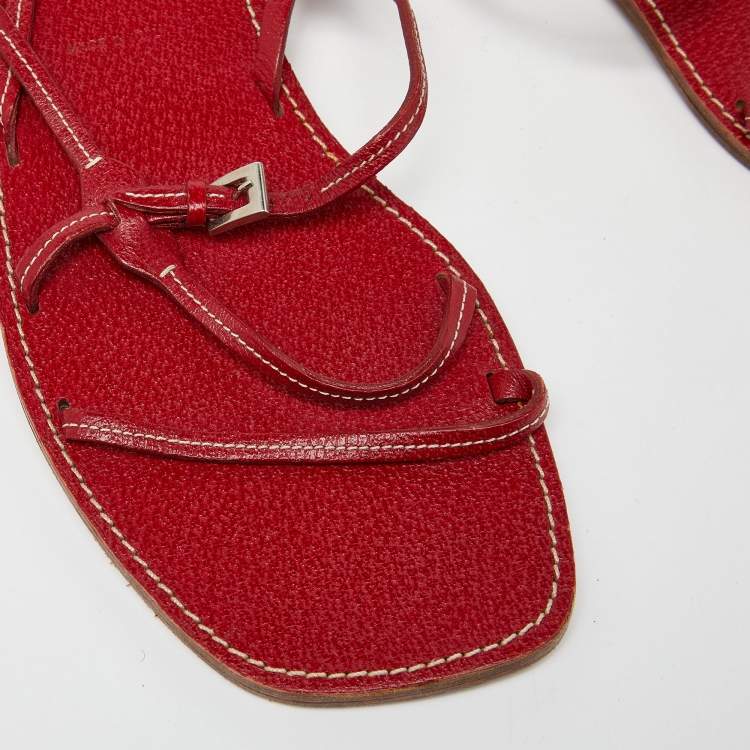 Pre Owned Prada Red Leather Strappy Flat Sandals Size 39