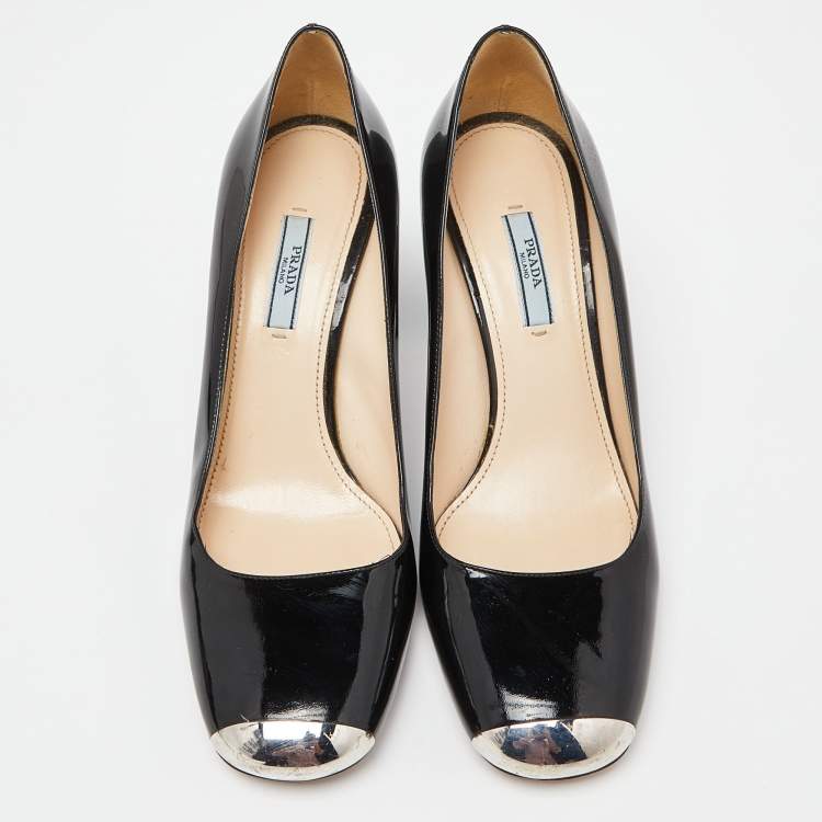 Pre Owned Prada Black Patent Leather Square Toe Block Heel Pumps Size 41