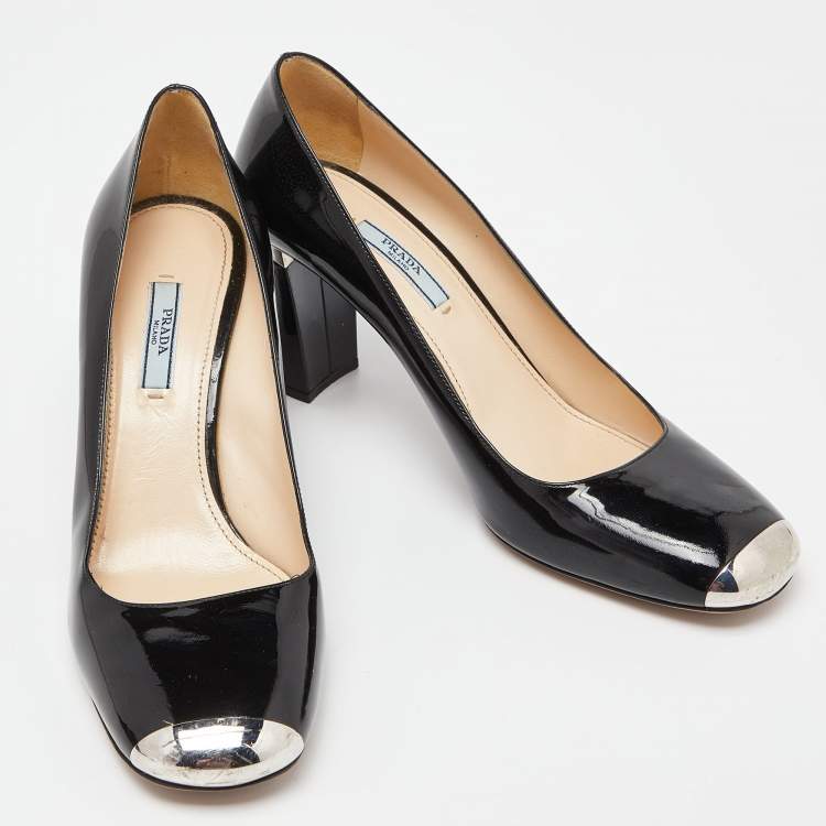 Pre Owned Prada Black Patent Leather Square Toe Block Heel Pumps Size 41