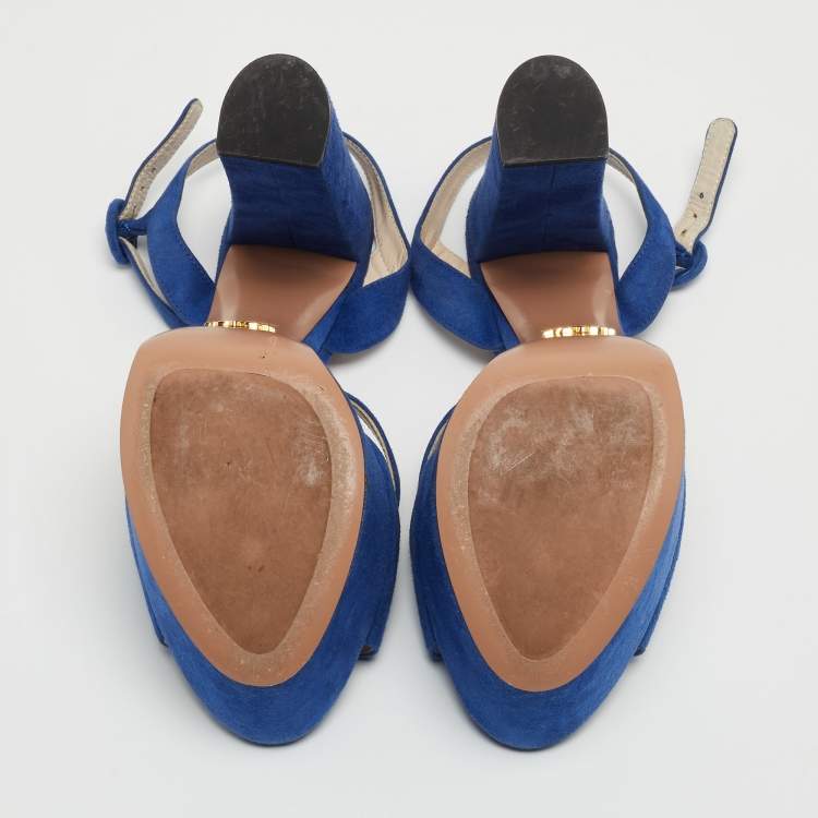 Pre Owned Prada Blue Suede Block Heel Platform Ankle Strap Sandals Size 38.5
