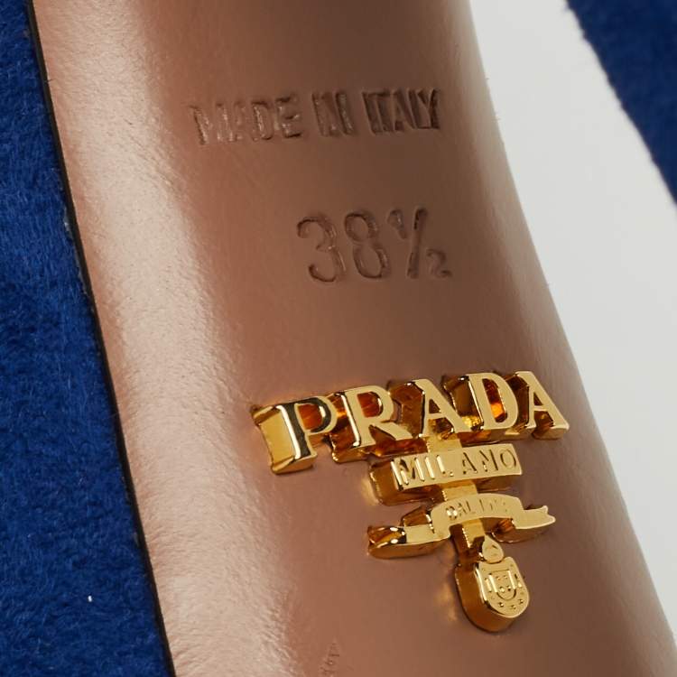 Pre Owned Prada Blue Suede Block Heel Platform Ankle Strap Sandals Size 38.5