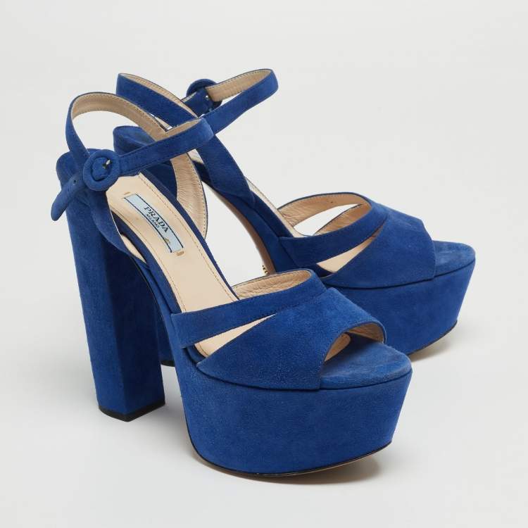 Pre Owned Prada Blue Suede Block Heel Platform Ankle Strap Sandals Size 38.5