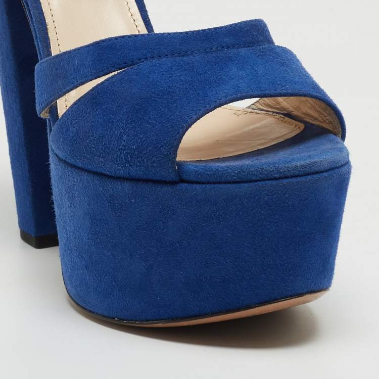 Pre Owned Prada Blue Suede Block Heel Platform Ankle Strap Sandals Size 38.5