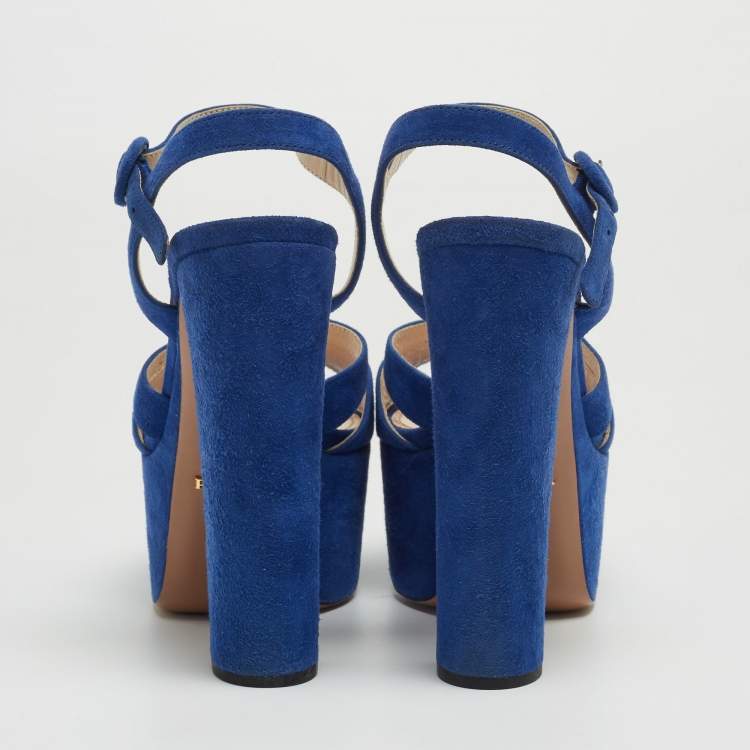 Pre Owned Prada Blue Suede Block Heel Platform Ankle Strap Sandals Size 38.5
