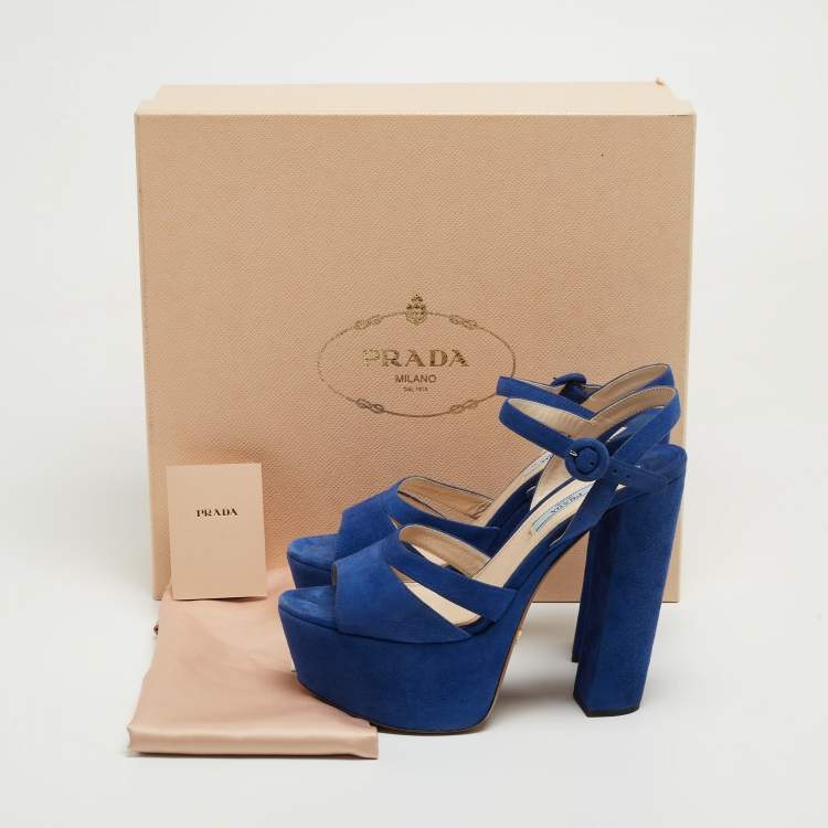 Pre Owned Prada Blue Suede Block Heel Platform Ankle Strap Sandals Size 38.5