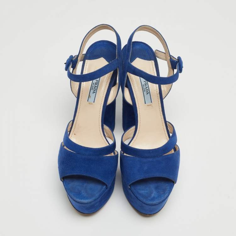 Pre Owned Prada Blue Suede Block Heel Platform Ankle Strap Sandals Size 38.5