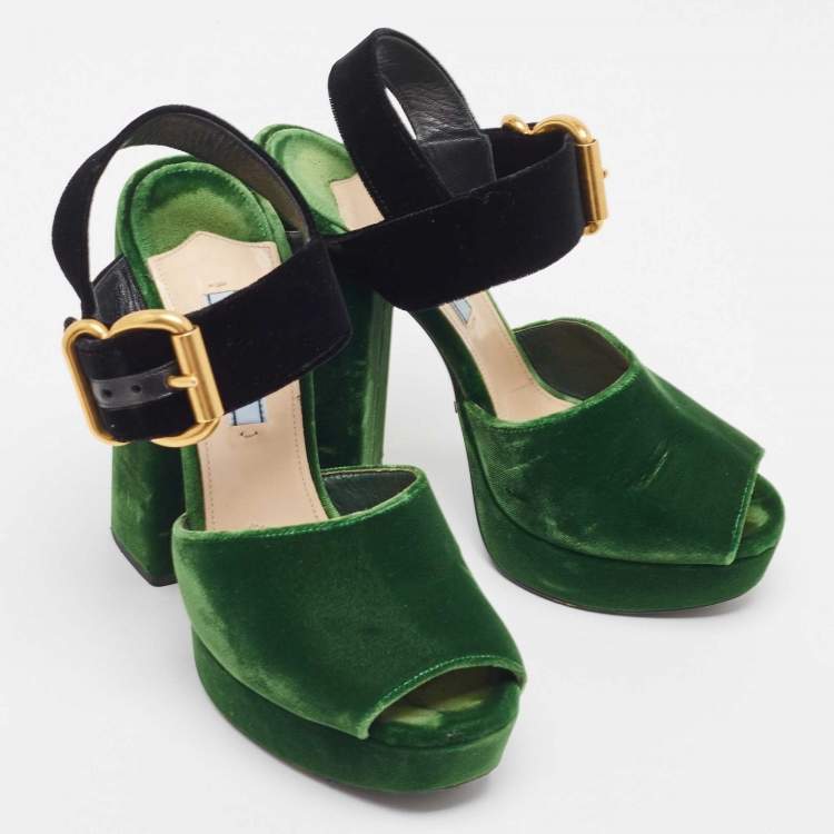 Pre Owned Prada Green/Black Velvet Open Toe Platform Ankle Strap Sandals Size 37