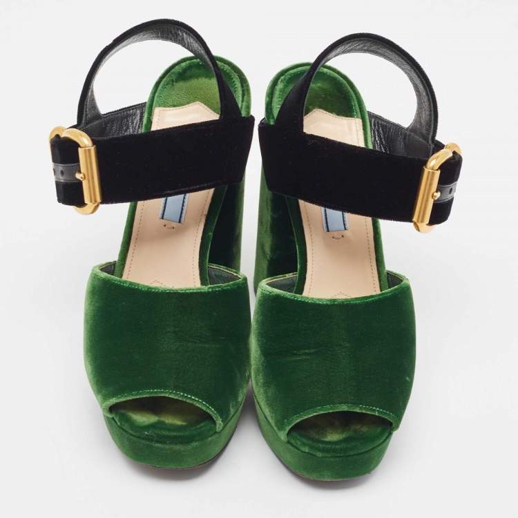 Pre Owned Prada Green/Black Velvet Open Toe Platform Ankle Strap Sandals Size 37