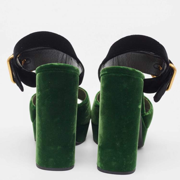 Pre Owned Prada Green/Black Velvet Open Toe Platform Ankle Strap Sandals Size 37