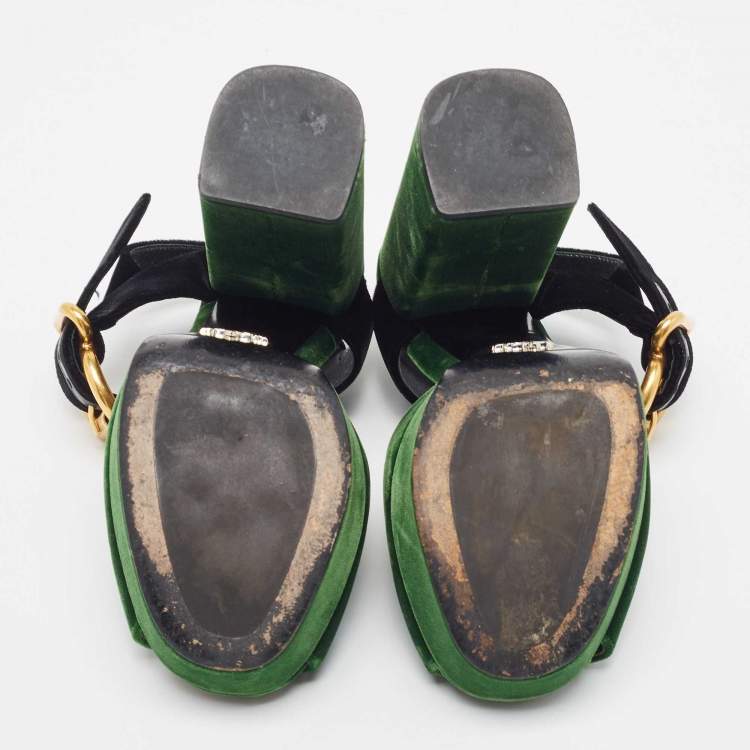 Pre Owned Prada Green/Black Velvet Open Toe Platform Ankle Strap Sandals Size 37