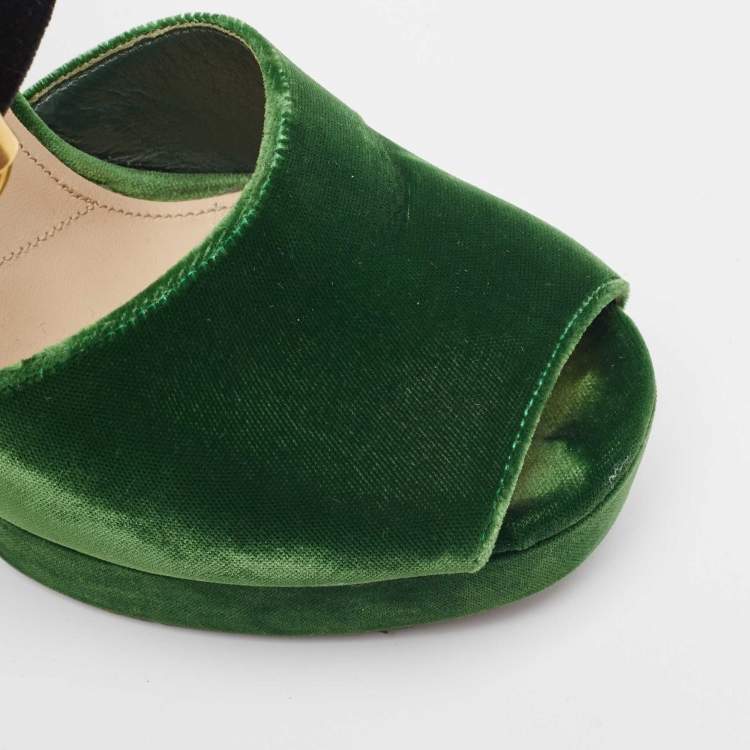 Pre Owned Prada Green/Black Velvet Open Toe Platform Ankle Strap Sandals Size 37