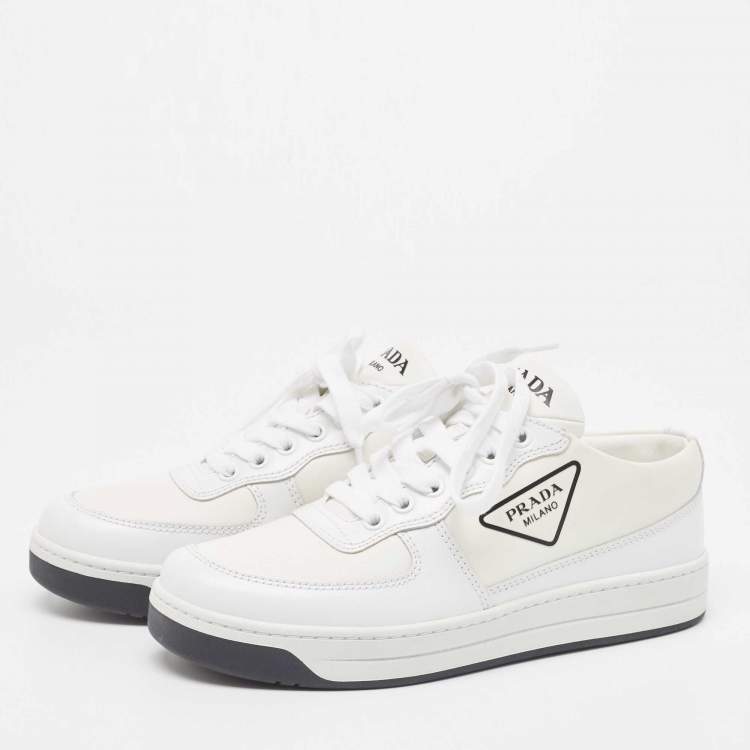 Pre Owned Prada White Leather Lace Up Low Top Sneakers Size 36.5