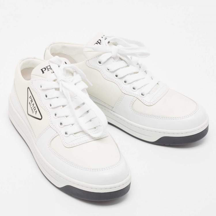 Pre Owned Prada White Leather Lace Up Low Top Sneakers Size 36.5