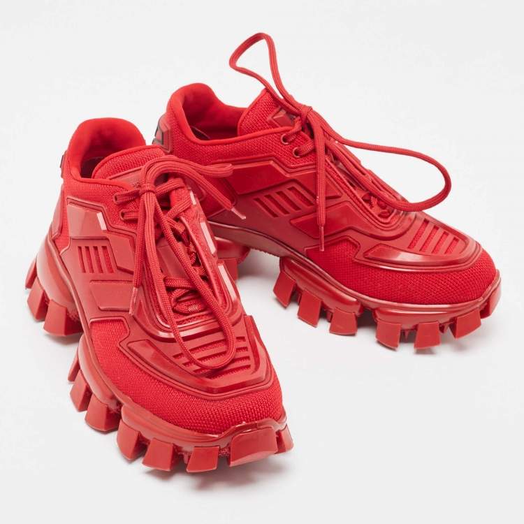 Pre Owned Prada Red Knit Fabric and Rubber Cloudbust Thunder Sneakers Size 37