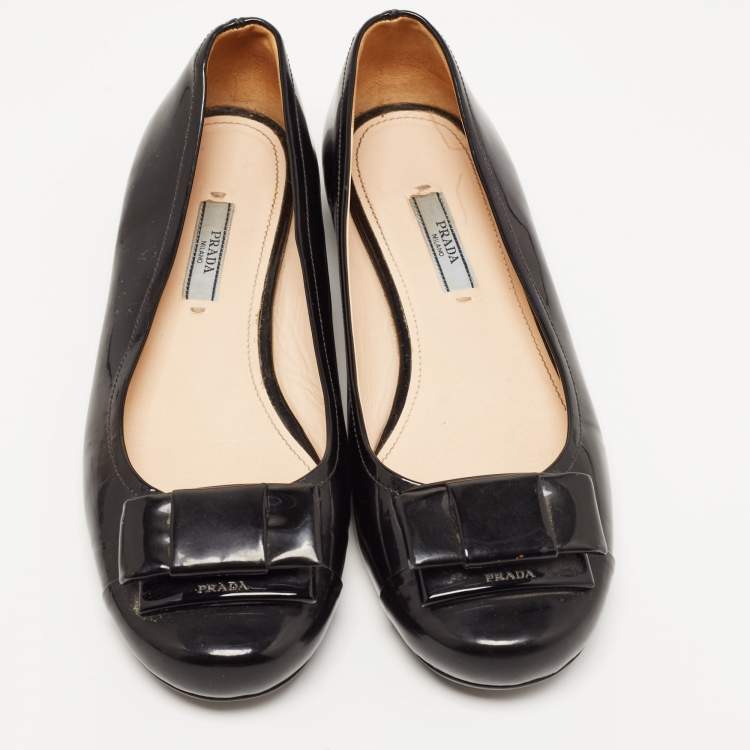 Pre Owned Prada Black Patent Leather Bow Ballet Flats Size 38