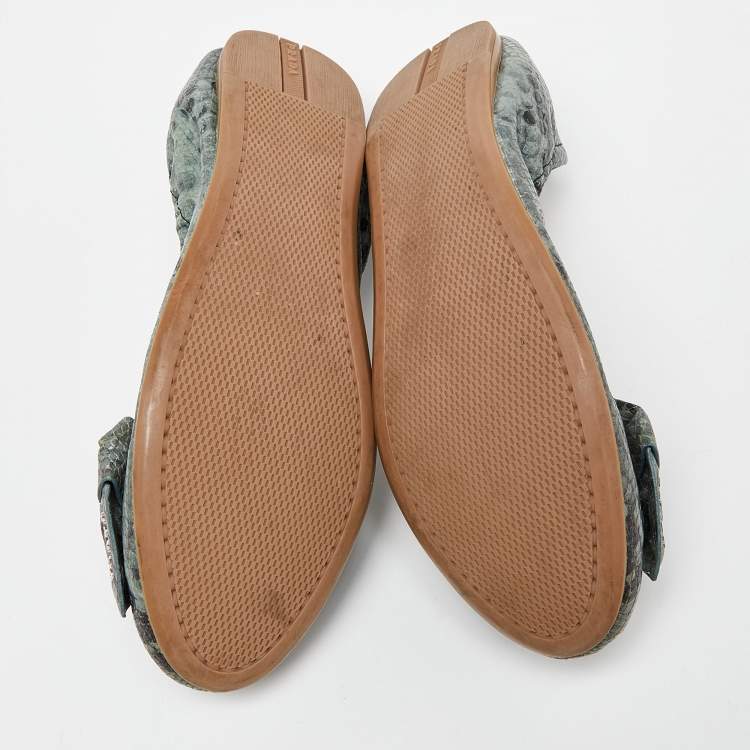 Pre Owned Prada Blue Python Embossed Leather Scrunch Bow Ballet Flats Size 40.5