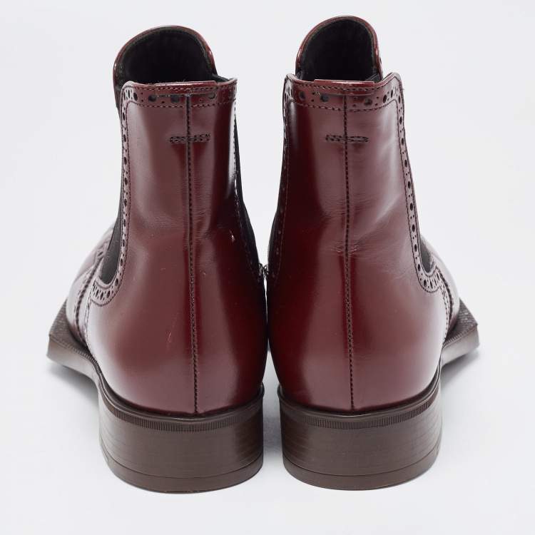 Pre Owned Prada Burgundy Leather Brogue Ankle Boots Size 38.5