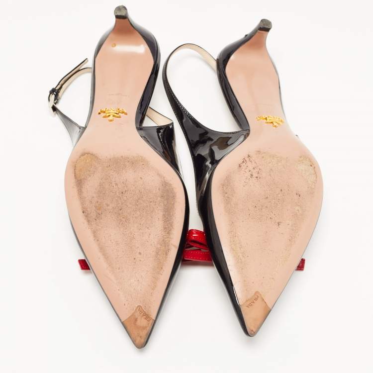 Pre Owned Prada Black/Red Patent Leather Bow Pointed Toe Slingback Sandals Size 40.5
