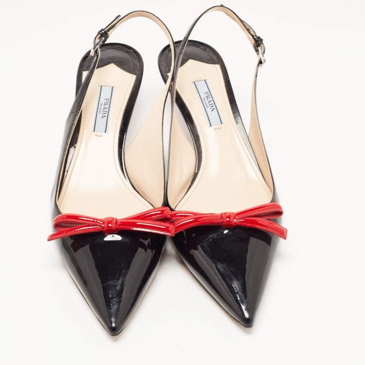 Pre Owned Prada Black/Red Patent Leather Bow Pointed Toe Slingback Sandals Size 40.5