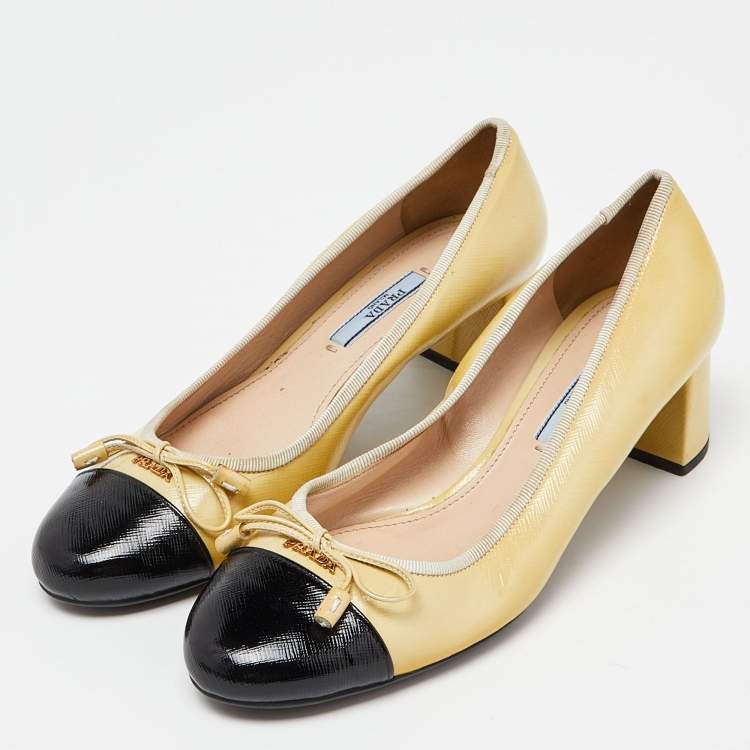 Pre Owned Prada Yellow/Black Patent Leather Bow Block Heel Pumps Size 38.5