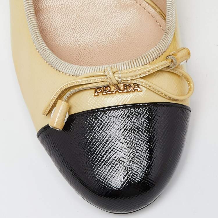 Pre Owned Prada Yellow/Black Patent Leather Bow Block Heel Pumps Size 38.5