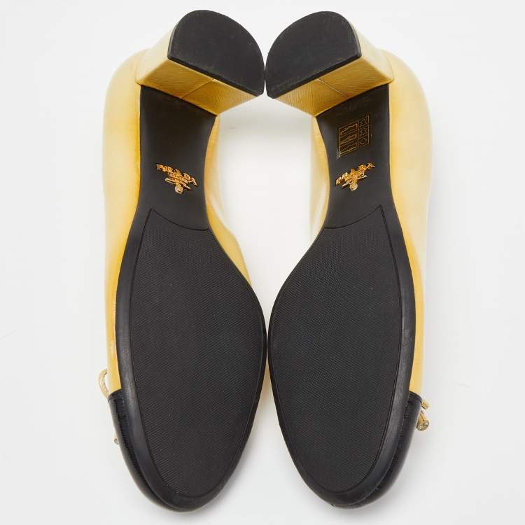 Pre Owned Prada Yellow/Black Patent Leather Bow Block Heel Pumps Size 38.5