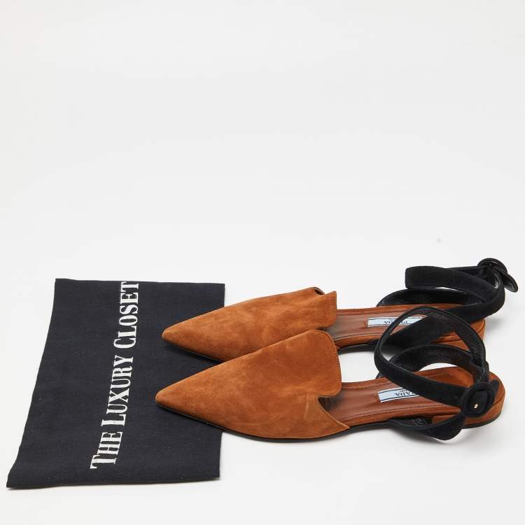 Pre Owned Prada Brown Suede Pointed Toe Ankle Strap Flat Mules Size 37