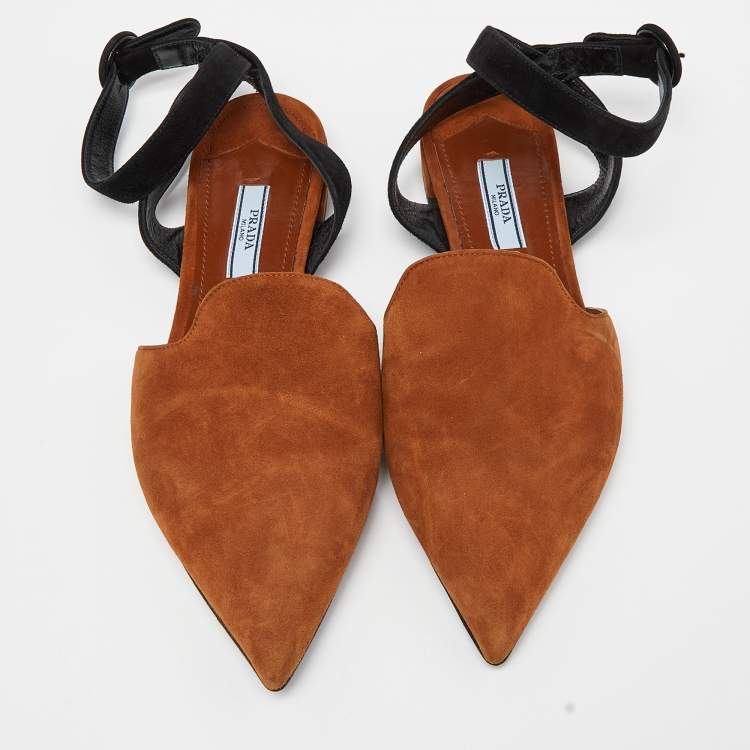 Pre Owned Prada Brown Suede Pointed Toe Ankle Strap Flat Mules Size 37