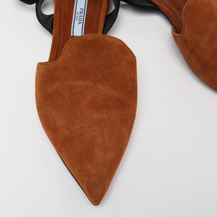 Pre Owned Prada Brown Suede Pointed Toe Ankle Strap Flat Mules Size 37