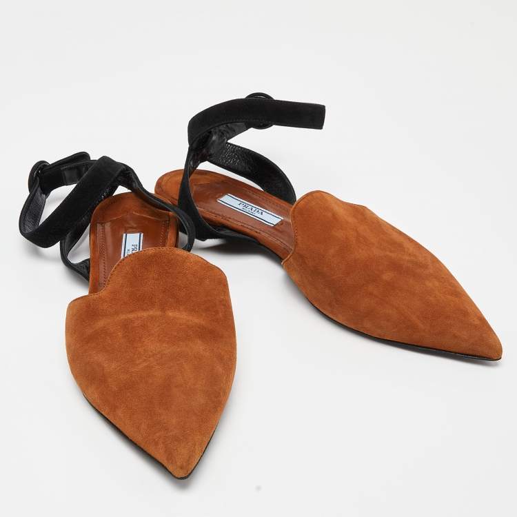 Pre Owned Prada Brown Suede Pointed Toe Ankle Strap Flat Mules Size 37